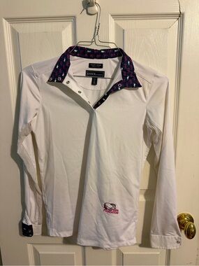 Essex Classics Girls' White Long-Sleeve Polo with Navy Pink Trim